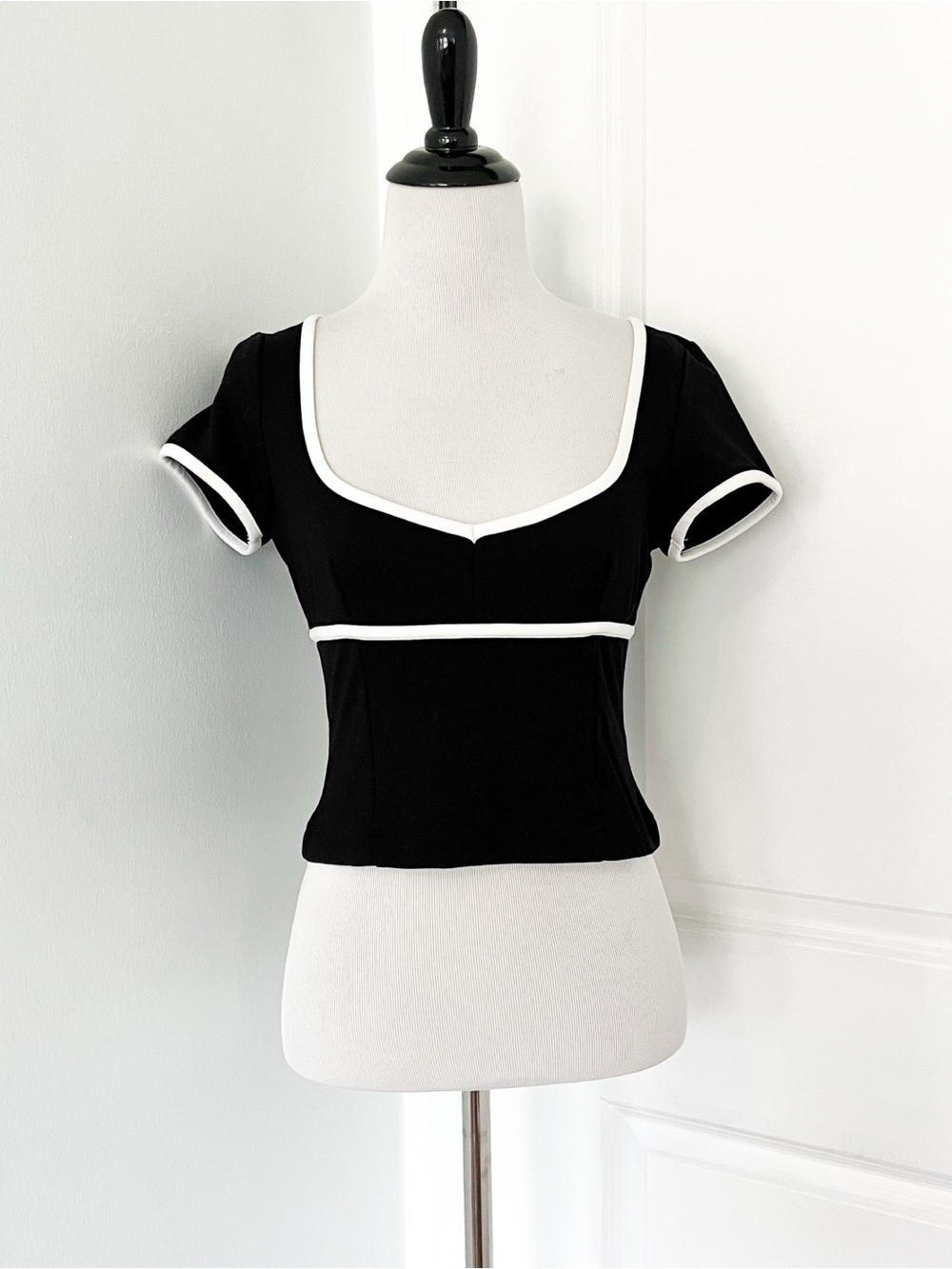 Anthropologie Maeve Black Top with White Contrast Trim - Small Petite